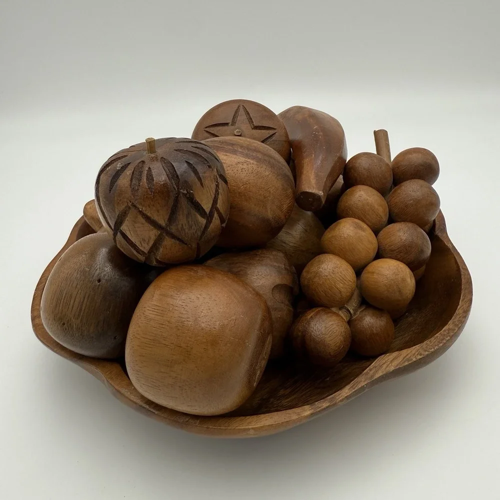Vtg MCM Monkey Pod Wood Bowl with 12 Pieces of Wooden Fruit Farm Country English